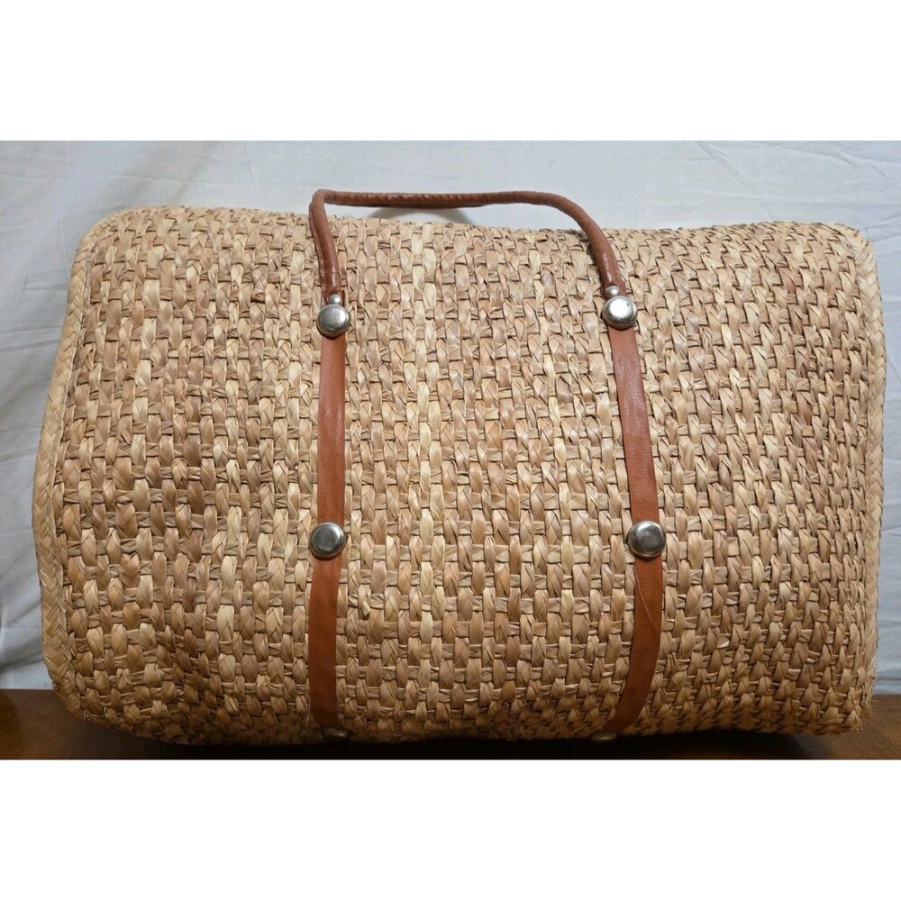 Acapulco Straw Bag Woven Large Tote Beach Bag Rattan Flowers Mexico 1960s Vintag - Picture 2 of 5